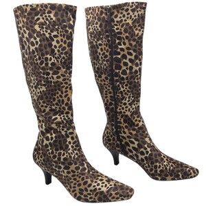 IMPO Stretch Namora Knee High Boots Cheetah Leopard Print Kitten Heel Zipper 10M